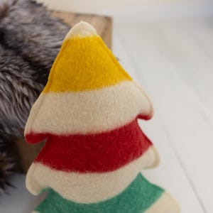 Puede incluir: Un adorno de fieltro suave con forma de &aacute;rbol que presenta rayas horizontales en amarillo, crema, rojo y verde. El dise&ntilde;o acolchado y en capas tiene una parte superior puntiaguda y una base ancha, con bordes cosidos visibles.