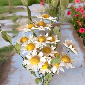 May include: A bouquet of felt daisies in shades of white and yellow with green stems. The daisies are arranged in a vase.