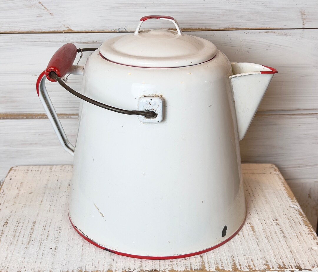 Vintage Red / White Enamelware Coffee Pot With Wood Handle Etsy