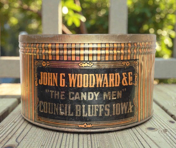 Antique John G. Woodward & Co "The Candy Men" Tin / Large General Store Candy Counter Tin / Vintage Candy Tin / Farmhouse Decor