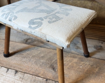 Vintage Bemis Grain Sack Footstool / Repurposed Vintage Textile