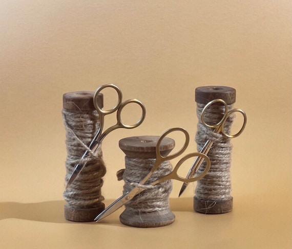 Vintage Wood Sewing Spool with Jute and Scissors