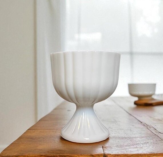 Vintage Pfaltzgraff Milk Glass Compote / Fluted Design / Farmhouse White