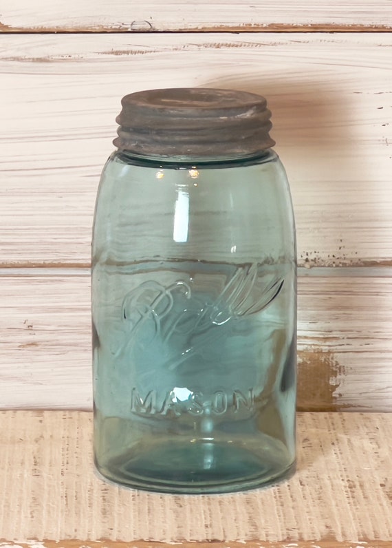 Antique Blue Quart Ball Mason Jar / Triple Loop / 1900 - 1910
