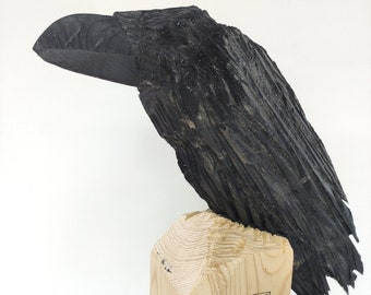 Corbeau, sculpture en bois, grandeur nature, Corbeau, Munin, Hugin, Les corbeaux de Thor