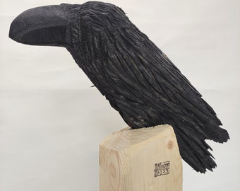 Raven, wooden sculpture, life-size, Raven, Munin, Hugin, Thor's ravens