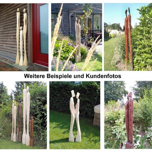 May include: A collage of six images showcasing wooden sculptures of couples in various poses. The sculptures are carved from natural wood and have a rustic, organic feel. They are displayed in outdoor settings, including gardens and yards.