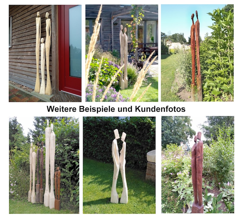 May include: A collage of six images showcasing wooden sculptures of couples in various poses. The sculptures are carved from natural wood and have a rustic, organic feel. They are displayed in outdoor settings, including gardens and yards.