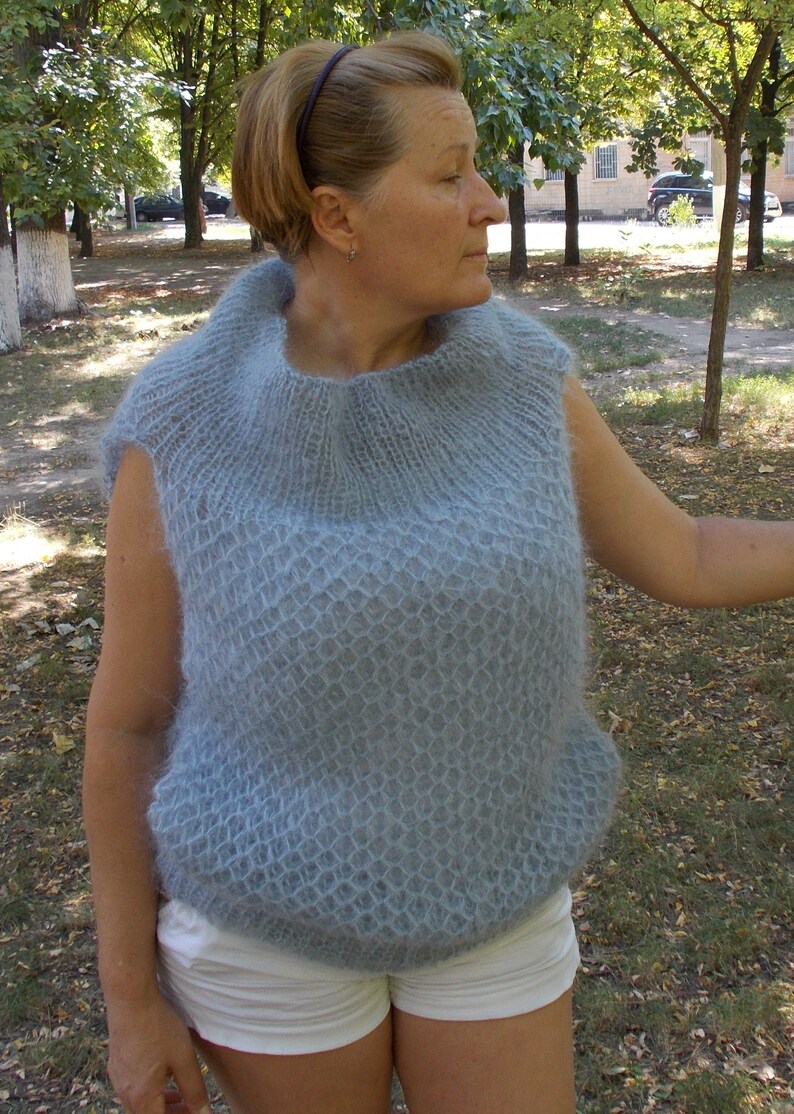 a fluffy vest and a fluffy bolero with a large collar Handcrafted products made from royal mohair a set of royal mohair knitted