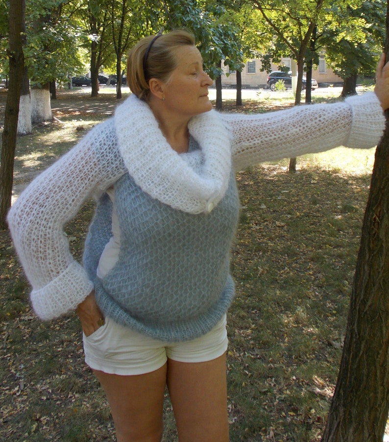 a fluffy vest and a fluffy bolero with a large collar Handcrafted products made from royal mohair a set of royal mohair knitted