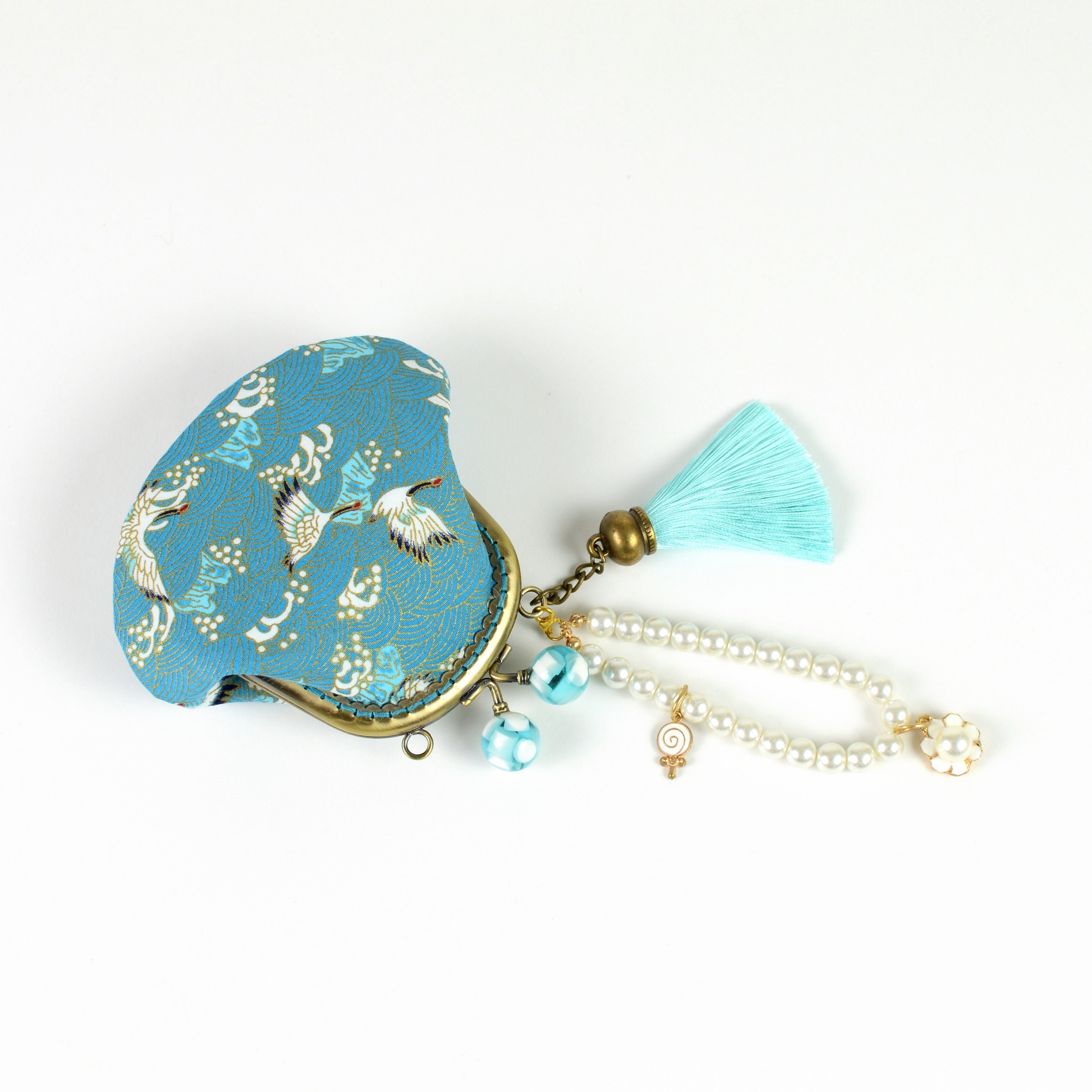 Handmade Japanese Crane Coin Purse: Gold Embossed Kiss Lock Frame