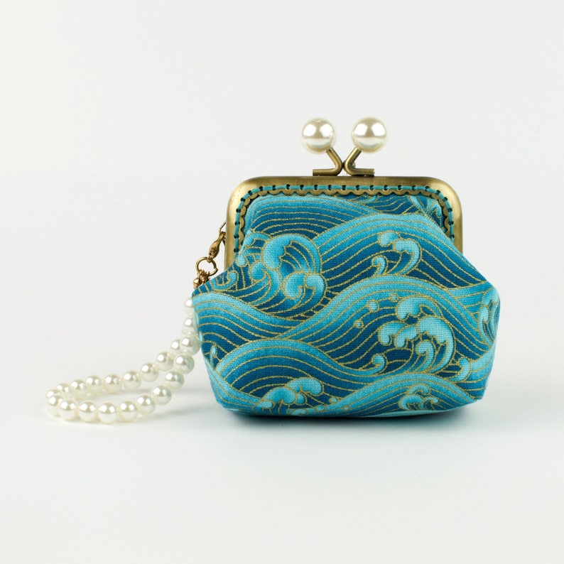 bronze kiss lock frame and faux pearl beads collectable #0130 Handmade gold embossed sea green crashing waves Japanese coin purse