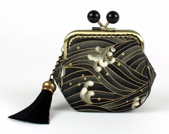 Handmade Japanese Waves Coin Purse: Gold Embossed Cotton with Black Beads