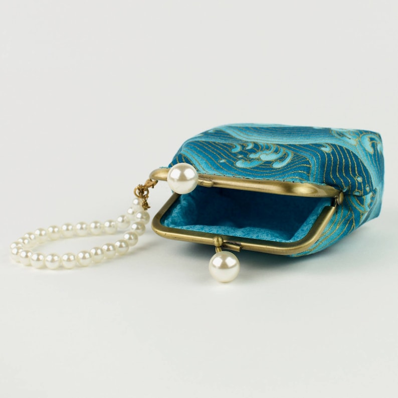 bronze kiss lock frame and faux pearl beads collectable #0130 Handmade gold embossed sea green crashing waves Japanese coin purse