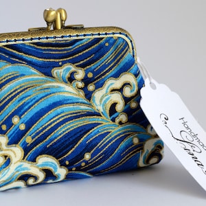 Hand crafted Japanese coin purse of waves on bronze coloured double kiss lock frame #0025