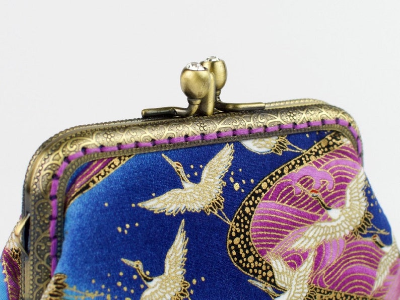 Hand crafted Japanese coin purse of cranes on bronze coloured double kiss lock frame #0155