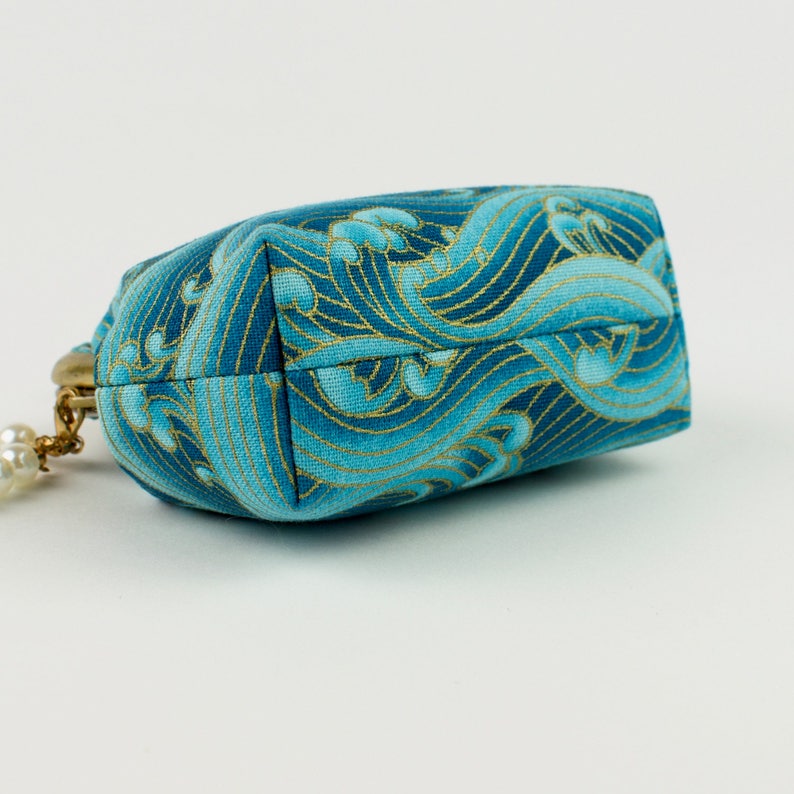 bronze kiss lock frame and faux pearl beads collectable #0130 Handmade gold embossed sea green crashing waves Japanese coin purse