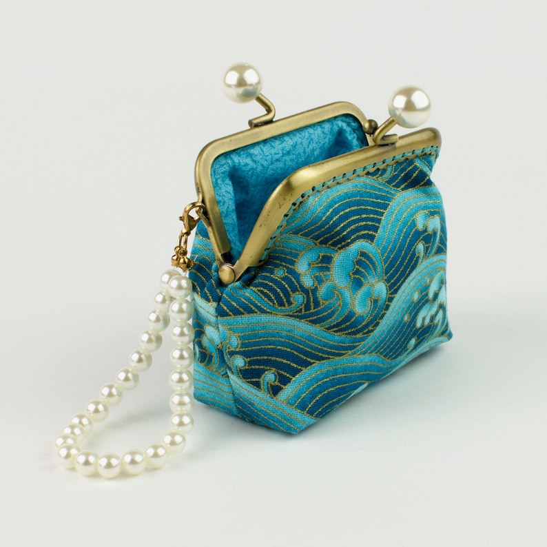bronze kiss lock frame and faux pearl beads collectable #0130 Handmade gold embossed sea green crashing waves Japanese coin purse