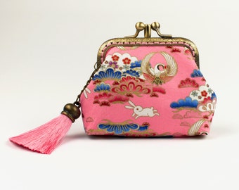 Twin-compartment Handmade Japanese Cranes Pink Coin Purse Collectable #0170 Twin-compartment Handmade Japanese Cranes Pink Coin Purse Collectable #0170