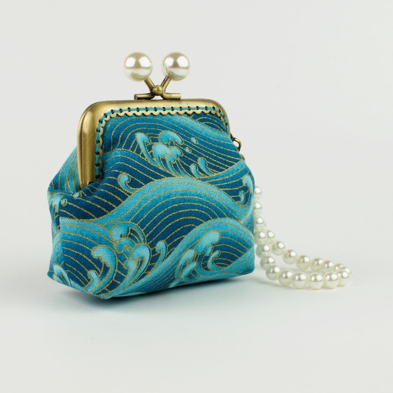 bronze kiss lock frame and faux pearl beads collectable #0130 Handmade gold embossed sea green crashing waves Japanese coin purse