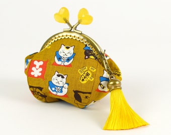 Handmade Lucky Cat Coin Purse: Japanese Cotton Kiss Lock Frame