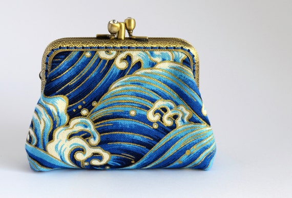 Hand crafted Japanese coin purse of cranes on bronze coloured double kiss lock frame #0155