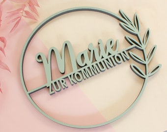 Ghirlanda con ramo e nome per comunione in L - scritta in legno 3D