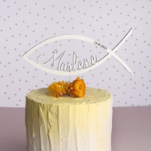 Símbolo de peixe para decoração de bolo com nome e data - letras de madeira Modelo 3D