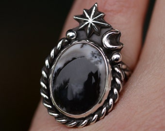 Bague en agate dendritique en taille 7 US faite à la main avec Sterling Silver 925, bijoux uniques