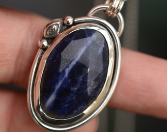 Sodalite necklace with a watchful eye handmade with sterling silver 925, unique jewelry