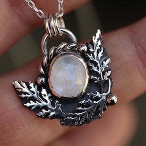 Rainbow Moonstone Pendant – Sterling Silver with Hand-Pierced Yarrow Leaves
