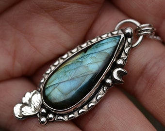 Sterling silver labradorite necklace handmade with a silver poppy, one of a kind necklace