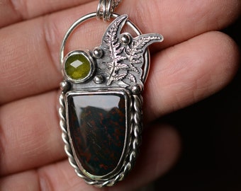 Bloodstone necklace with fern details and a green vesuvianite handcrafted with sterling silver , witchy jewelry