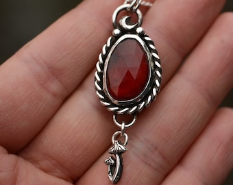 Mushroom necklace silver with natural red garnet and solid Sterling silver 925 details, green witch jewelry