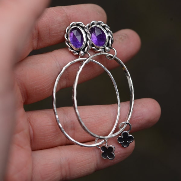 Amethyst hoop earrings with texture and a gothic window detail, handmade with sterling silver 925, artisan jewelry