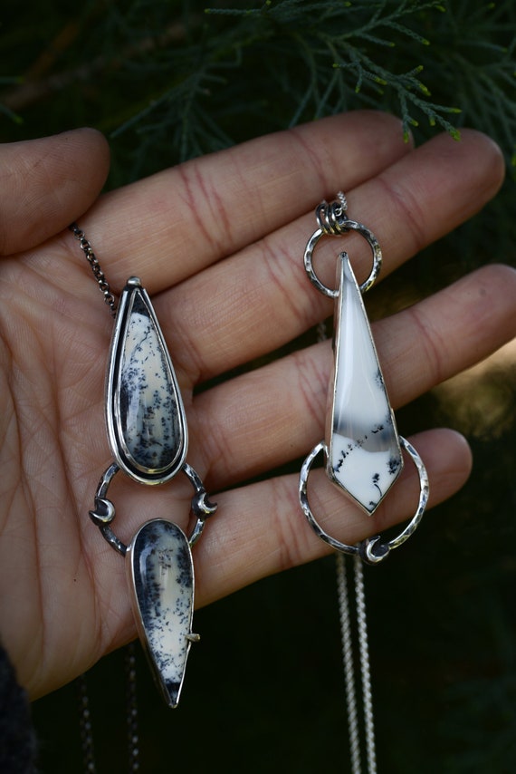 Dendritic agate necklace handmade with sterling silver 925, teardrop shaped stones and little crescent moons, ooak, big statement necklace
