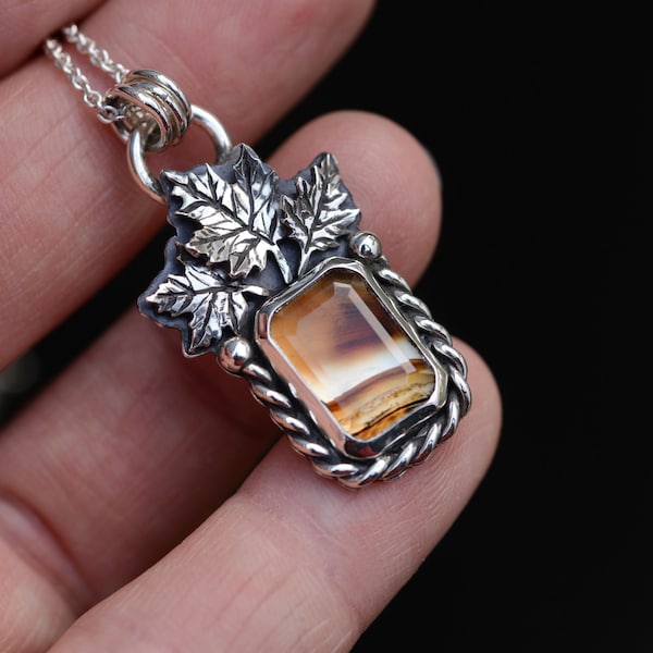 Botanical Gemstone Jewelry | Agate Maple Leaf Necklace in Sterling Silver | Fall-Inspired Pendant