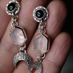goth dangle earrings with pink rose quartz and black onyx handcrafted with solid sterling silver 925, artisan earrings