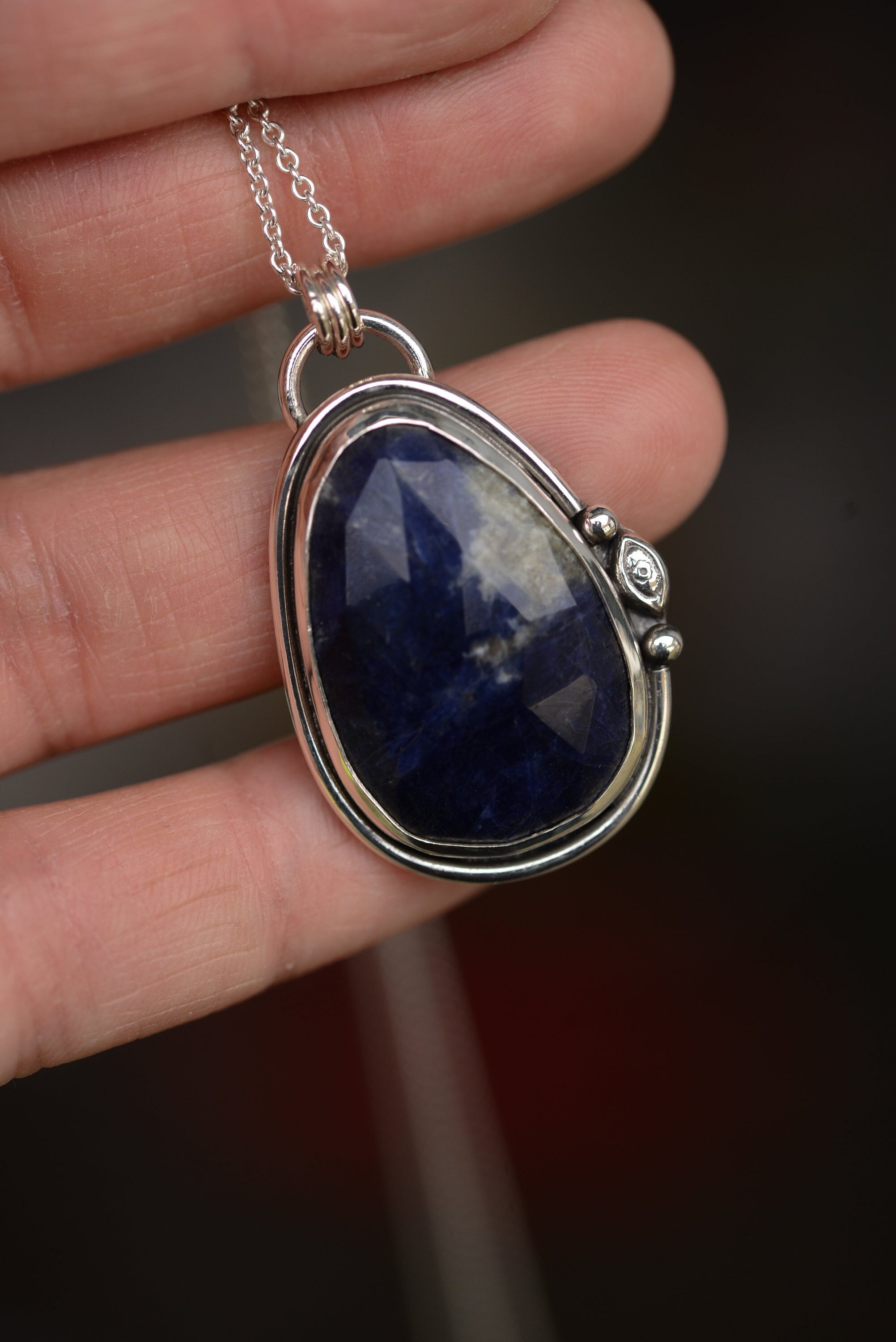 Sodalite necklace with a watchful eye handmade with oxidized sterling silver 925, silversmith pendant made by Formperfectung