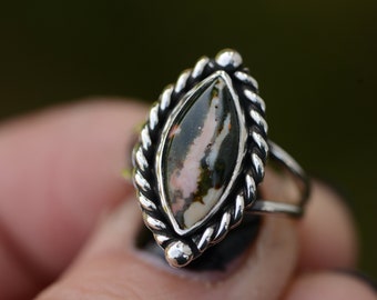 Bague en jaspe océanique en taille 6,5 US faite à la main avec de l'argent sterling 925, bijoux uniques