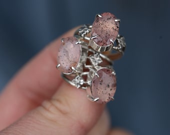 Bague en quartz rose à facettes avec détails floraux et double anneau fabriqué à la main en argent sterling 925, bijoux artisanaux