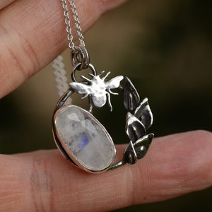Sterling silver bee necklace handmade with a rainbow moonstone crystal, ooak jewelry, unique jewelry, witchy necklace, naturelover gift
