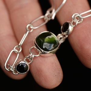 Solid Silver Paperclip Chain Bracelet with Mtorolite & Onyx