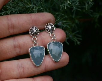 Natural aquamarine earrings, alternative fashion, celtic jewelry, pastel goth clothing, elven jewelry, sterling silver earrings, art