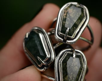 Handmade Moss Agate Coffin Shape Ring Sterling Silver Witchy Gothic Gemstone Jewelry