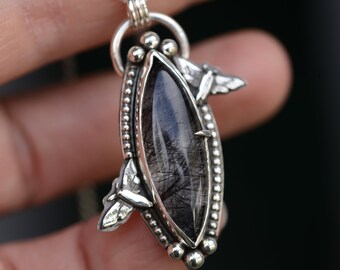 Moth necklace with a Tourmalinated quartz  handcrafted with sterling silver 925, artisan jewelry