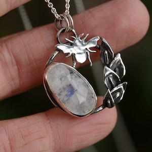 bumble bee necklace handmade with oxidized sterling silver and a natural moonstone gemstone, artisan sterling silver necklace by silversmith