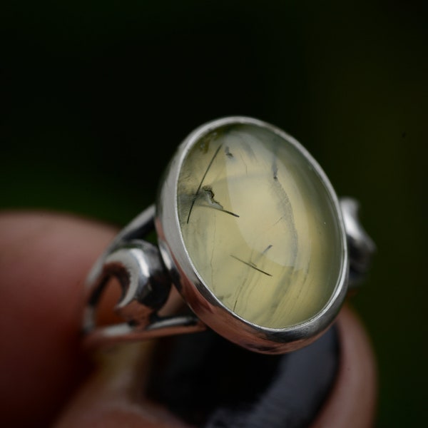 Prehnite Ring in size 7 US handmade jewelry with sterling silver 925 adorned with crescent moons, witchy ring,