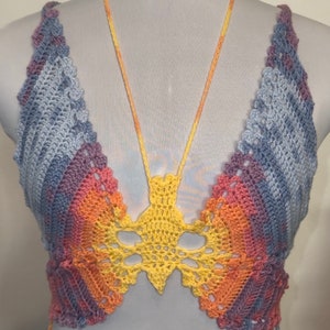 Ombre Butterfly Crochet Top, Multicolor Festival Crop Top, Handmade Fairycore Bralette, Boho Rave Coachella Outfit