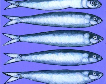 Art. Animals painting. Fish. Sardines. Mauve blue background Original painting 5x7". She and he.  Art. For her. Wall art